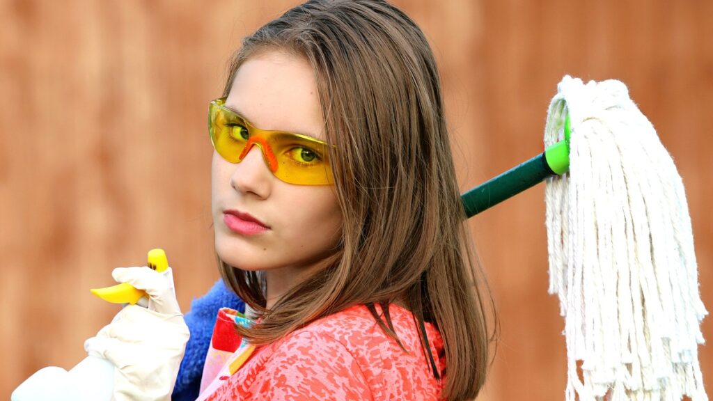 girl, goggles, mop