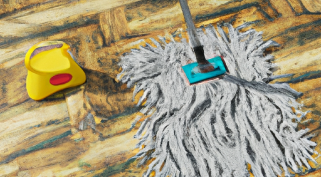 Generate a highly realistic photograph of a mop being used to clean various types of flooring. The image should depict the mop in action, with visible water and cleaning solution being applied to the floor. The flooring should be diverse and realistic, including but not limited to hardwood, tile, and carpeting. Please ensure that the textures and colors of the flooring are highly detailed and realistic, and that the mop appears to be making a vis